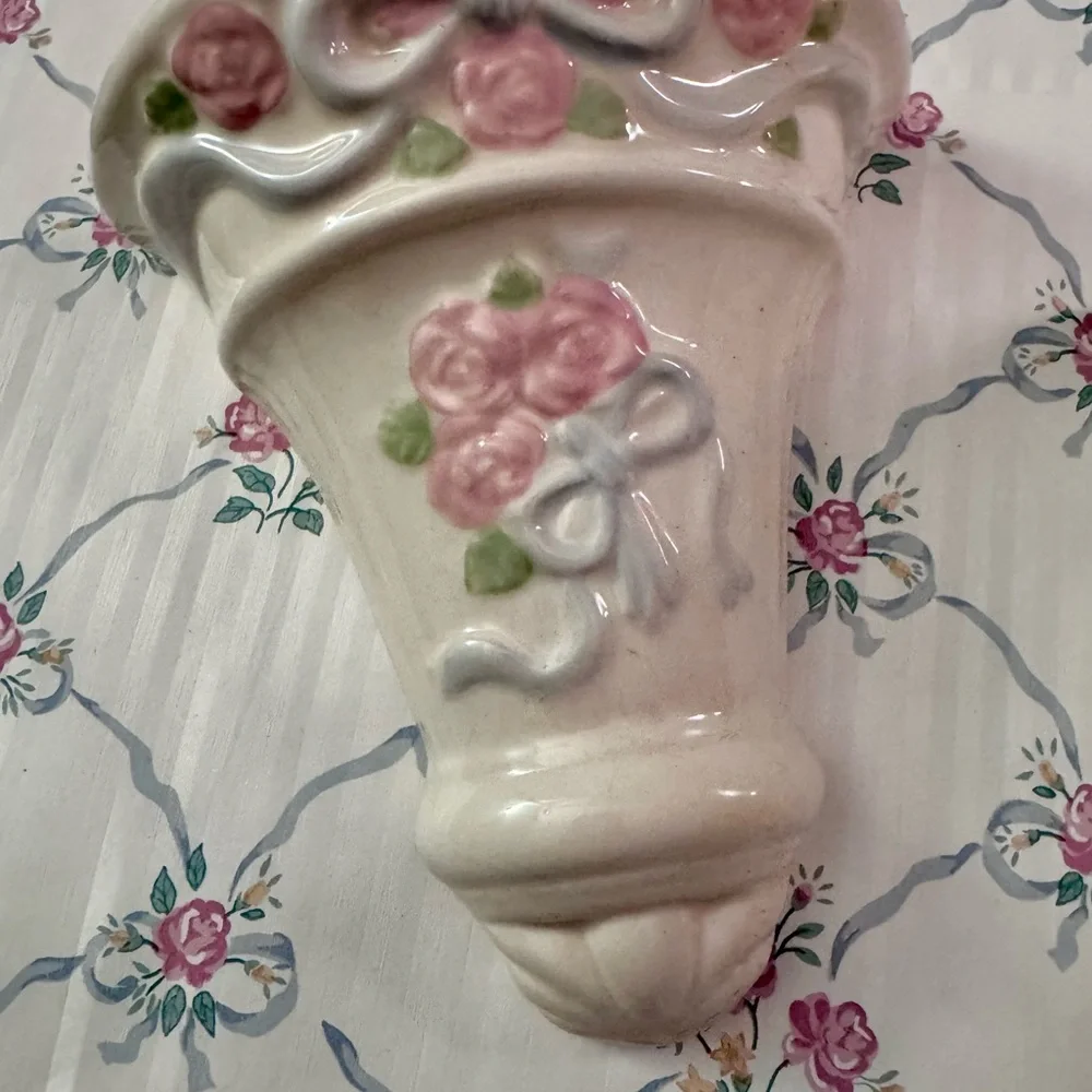 Pink Rose Ceramic Wall Pockets with Blue Ribbon Accents NOS